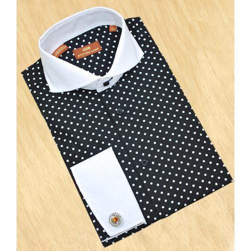Steven Land  Black With White Polka Dots With White Spread Collar /  White French Cuffs 100% Cotton Dress Shirt DS 918